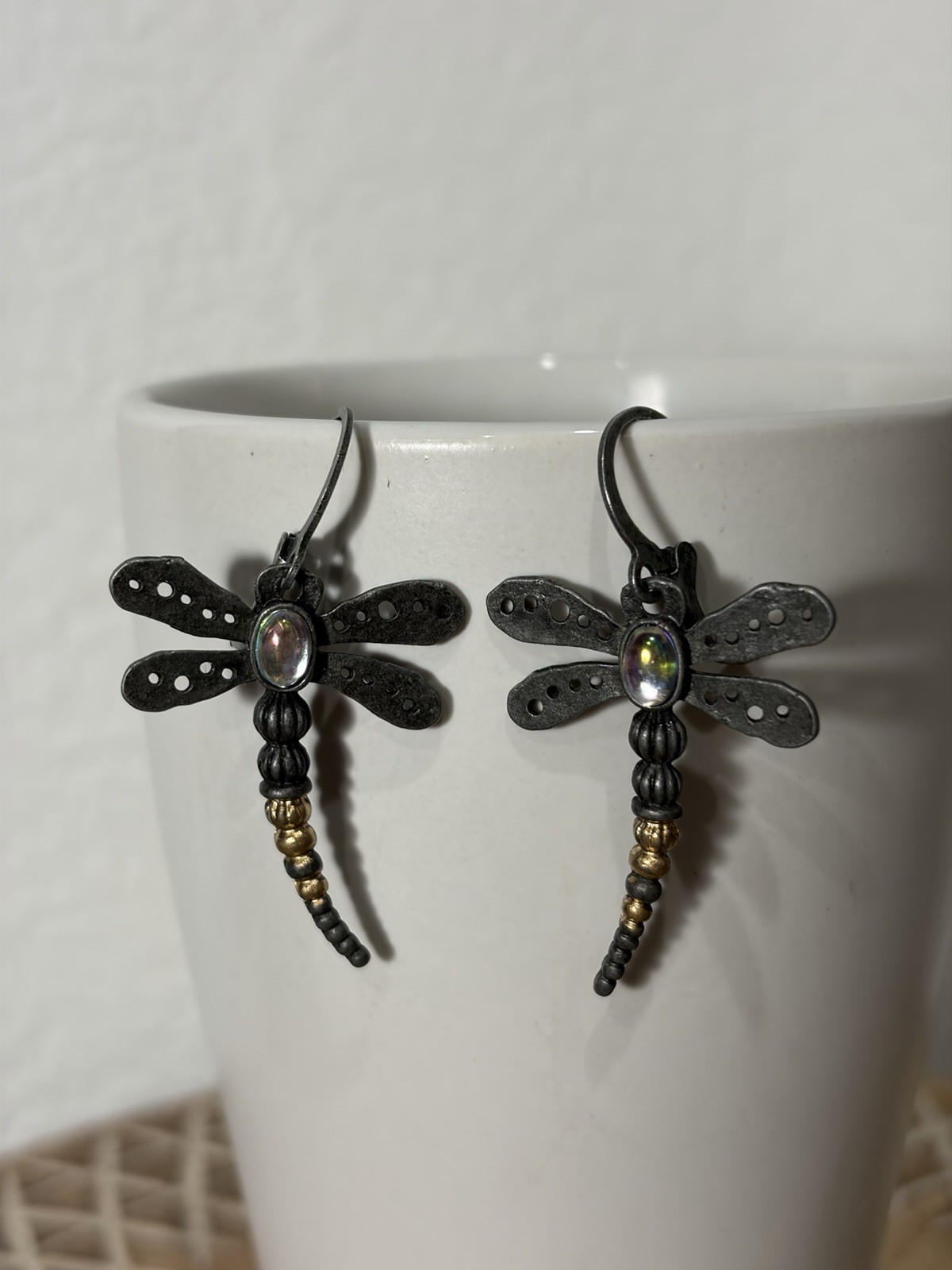 Dragonfly Dangle Leverback Earrings Iridescent Accent Gold Tone Beads