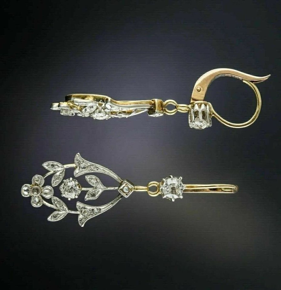 Art Dec Drop Earrings In 14K Yellow Gold Plated 2Ct Round Cut Simulated Diamond