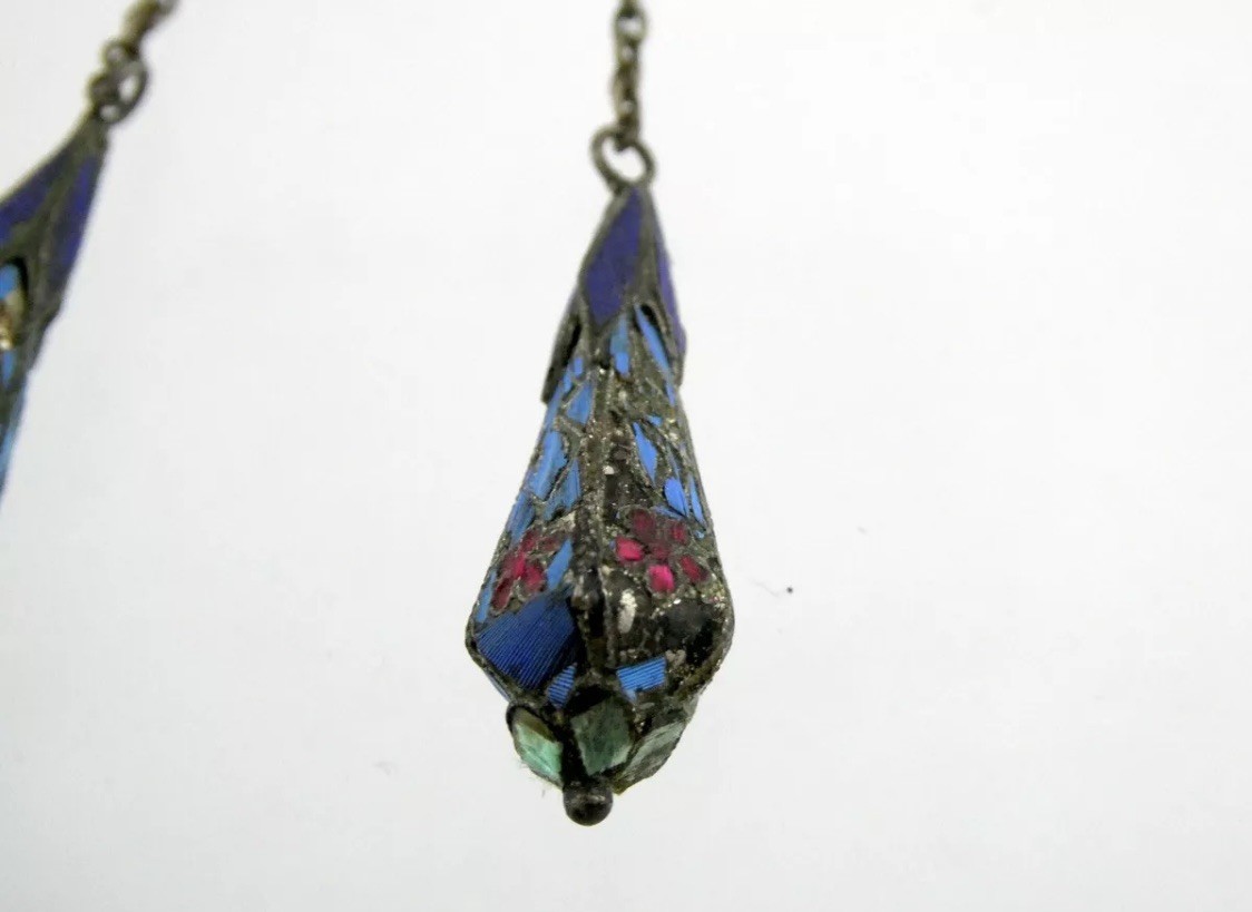 Rare Antique Chinese Kingfisher Bird Feather Silver Drop Dangle Earrings