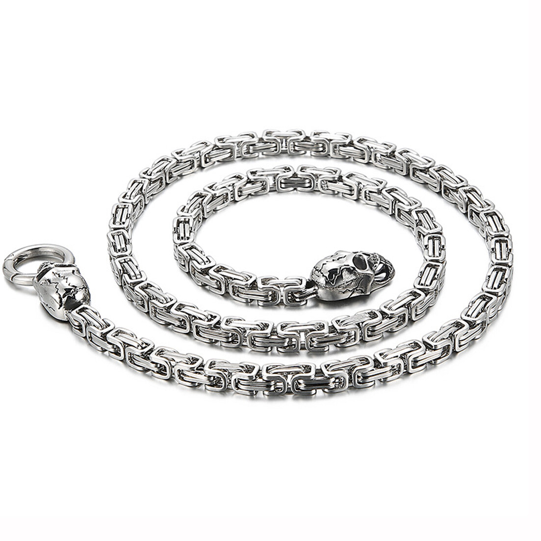 28″ Fashion Cool Skull Head Buckle Mens Stainless Steel Byzantine Chain Necklace