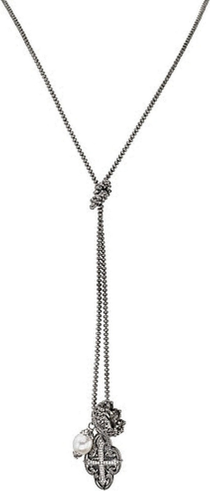 $750 Scott Kay Ruthenium Ball Chain Pearl Cross Charm Necklace Women Lady Gift