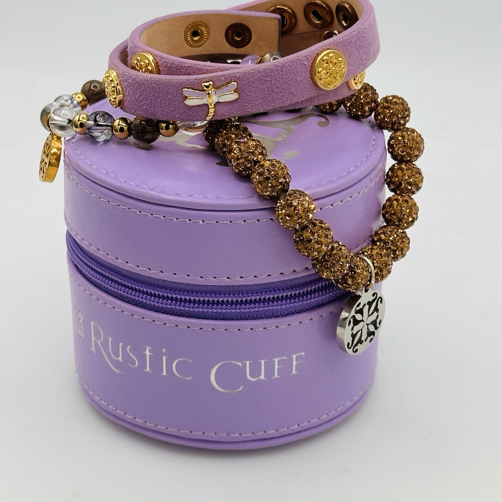 Rustic Cuff Dragonfly Lavender Leather Wrap Bracelet 3pc Stack Set w/ Case