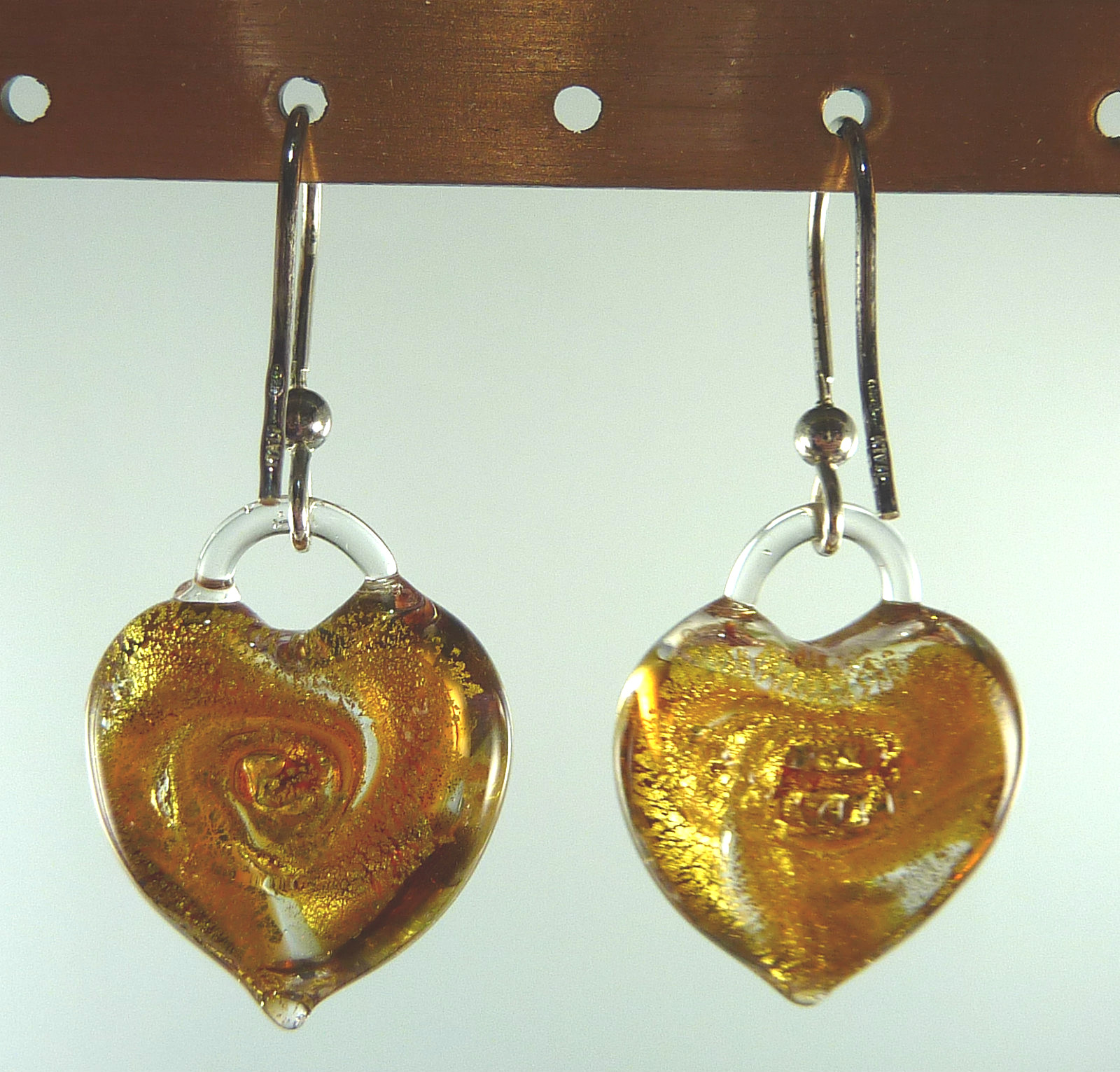 Venetiaurum Heart 24k Two Tone Murano Glass 925 Sterling Silver Dangle Earrings