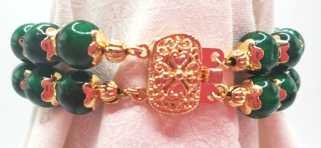 7″ Genuine Green Jade 2 Row Bracelet w/Gold-Plated Filigree Insert Clasp