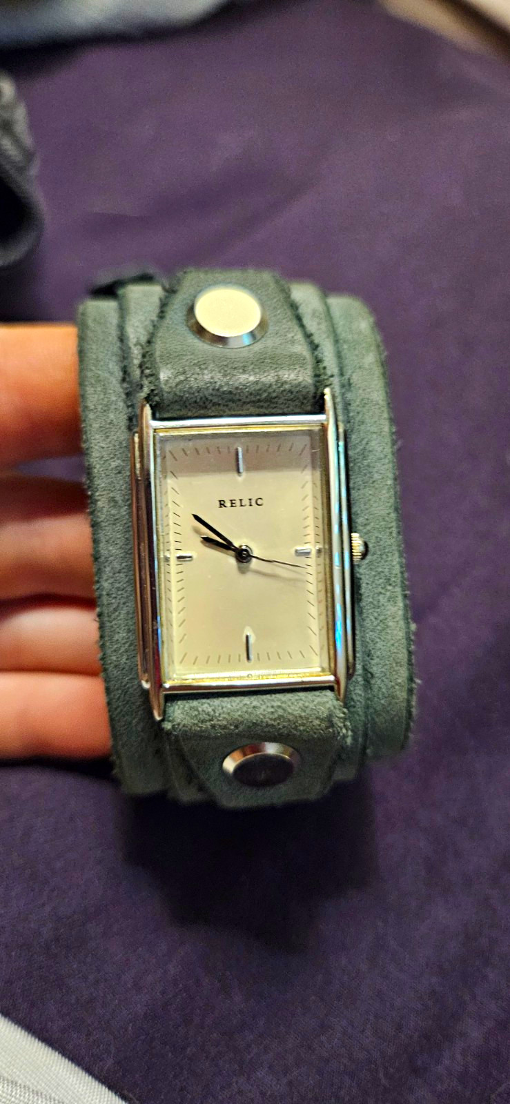Handmade Blue/Grey Leather Relic Women’s Analog Quartz Cuff Watch