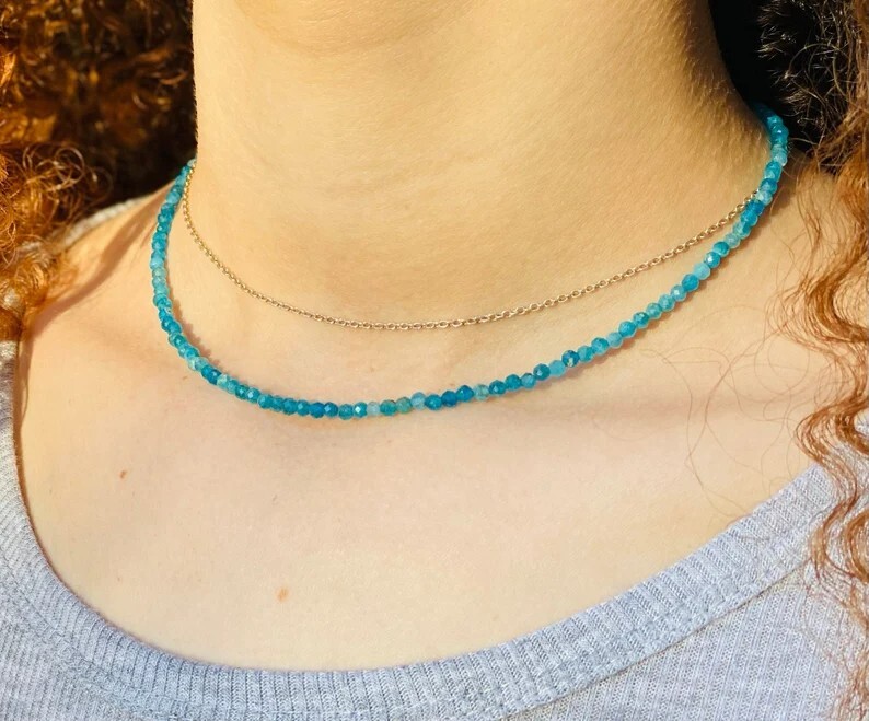 Blue Apatite 2mm Beaded Choker Gemstone Crystal Healing Women Necklace Gifts