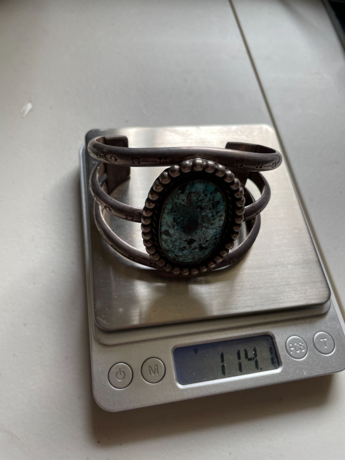 Vintage Navajo Sterling & Large Turquoise Cuff – Heavy 114g – Old Pawn Patina