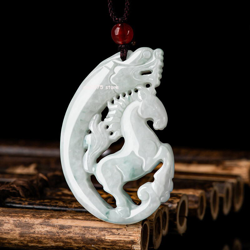 100% Natural Grade A Jade Jadeite White Jade Dragon Horse Lucky Pendant Gift