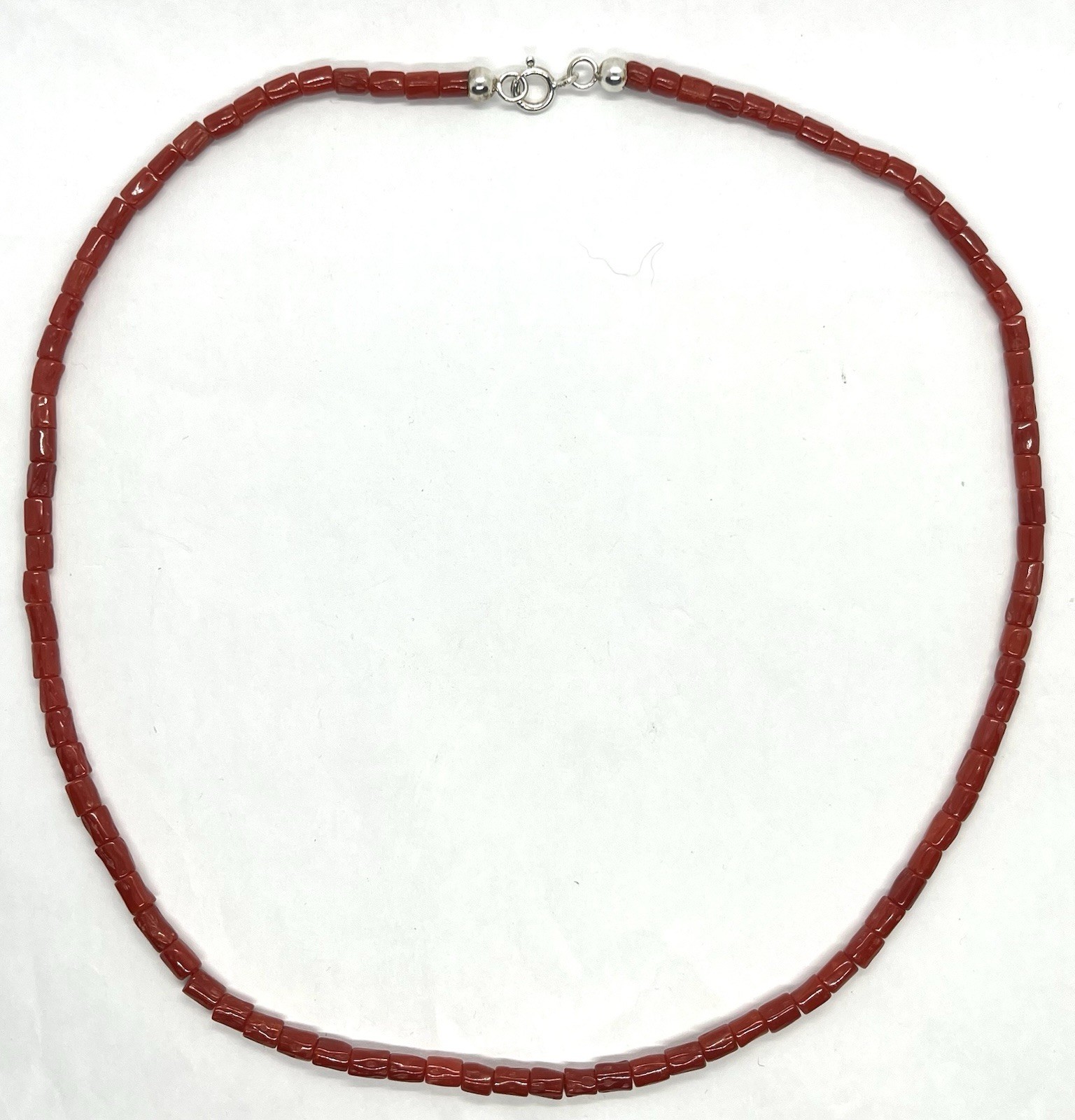Natural Mediterranean Red Coral Necklace-46cm-5mm Cans-925 Silver