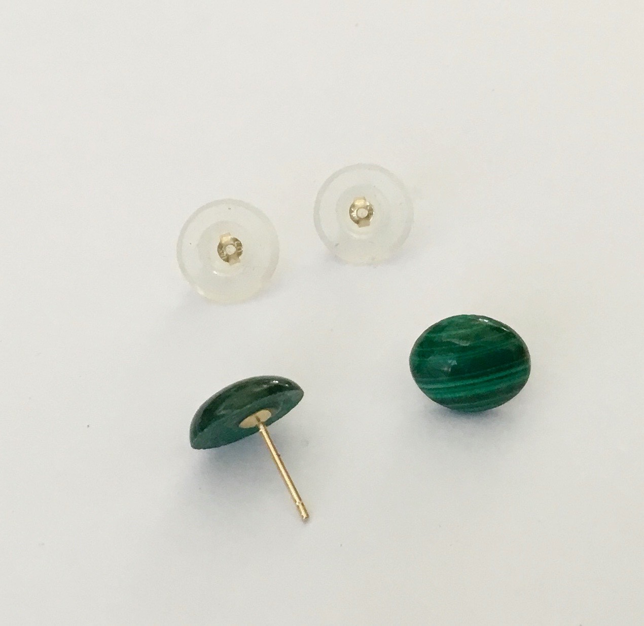 Genuine Natural Malachite Cabochon In Solid 14K Gold Stud Earrings NEW