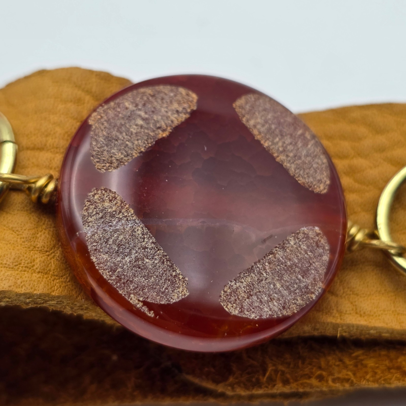 Vintage Artisan Brown Leather Cuff Bracelet Maroon Glass Cabochon Gold Tone Boho