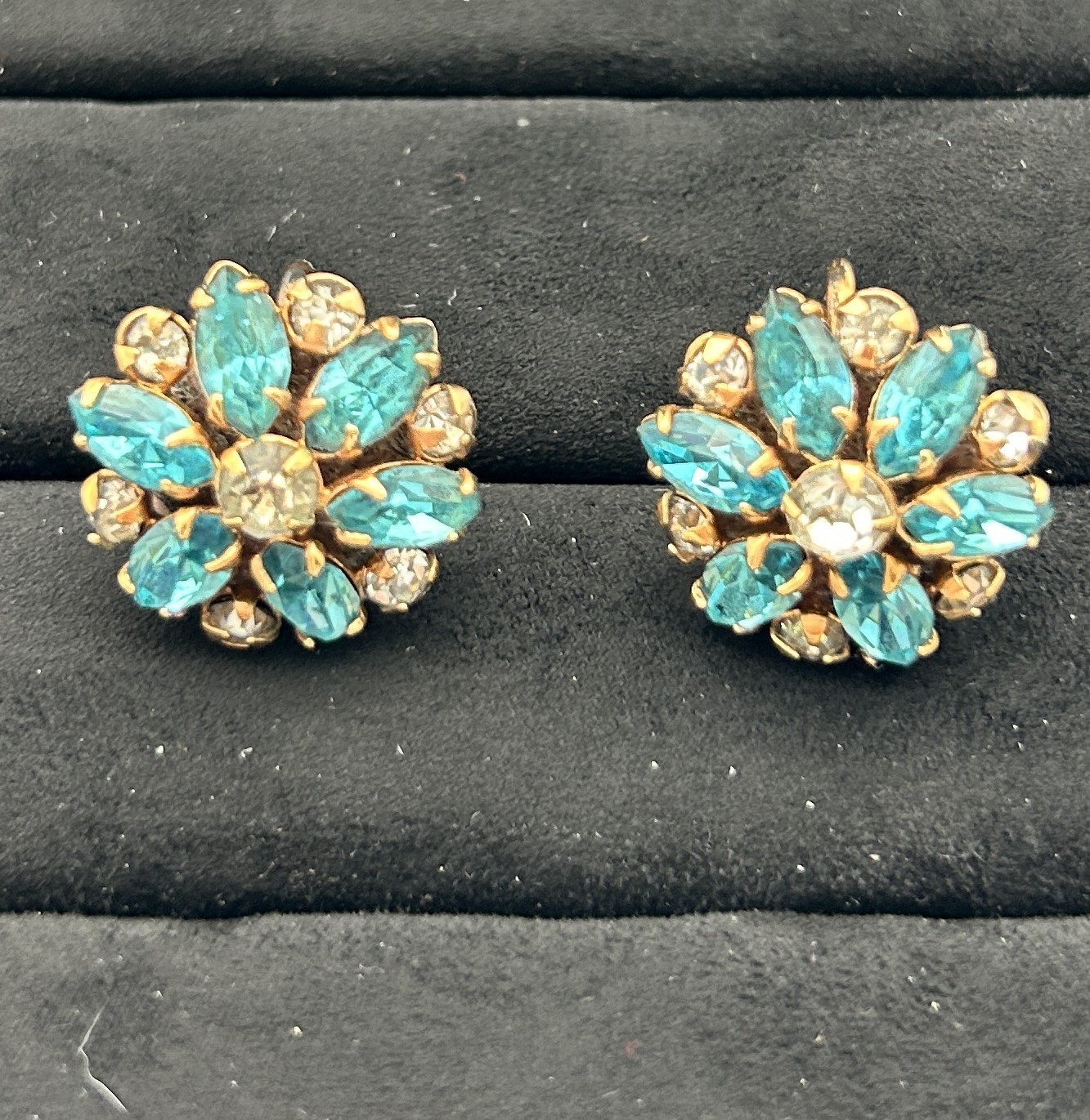 Vintage 12K Gold Filled MSK Floral Turquoise Rhinestone Necklace Earrings Set 35