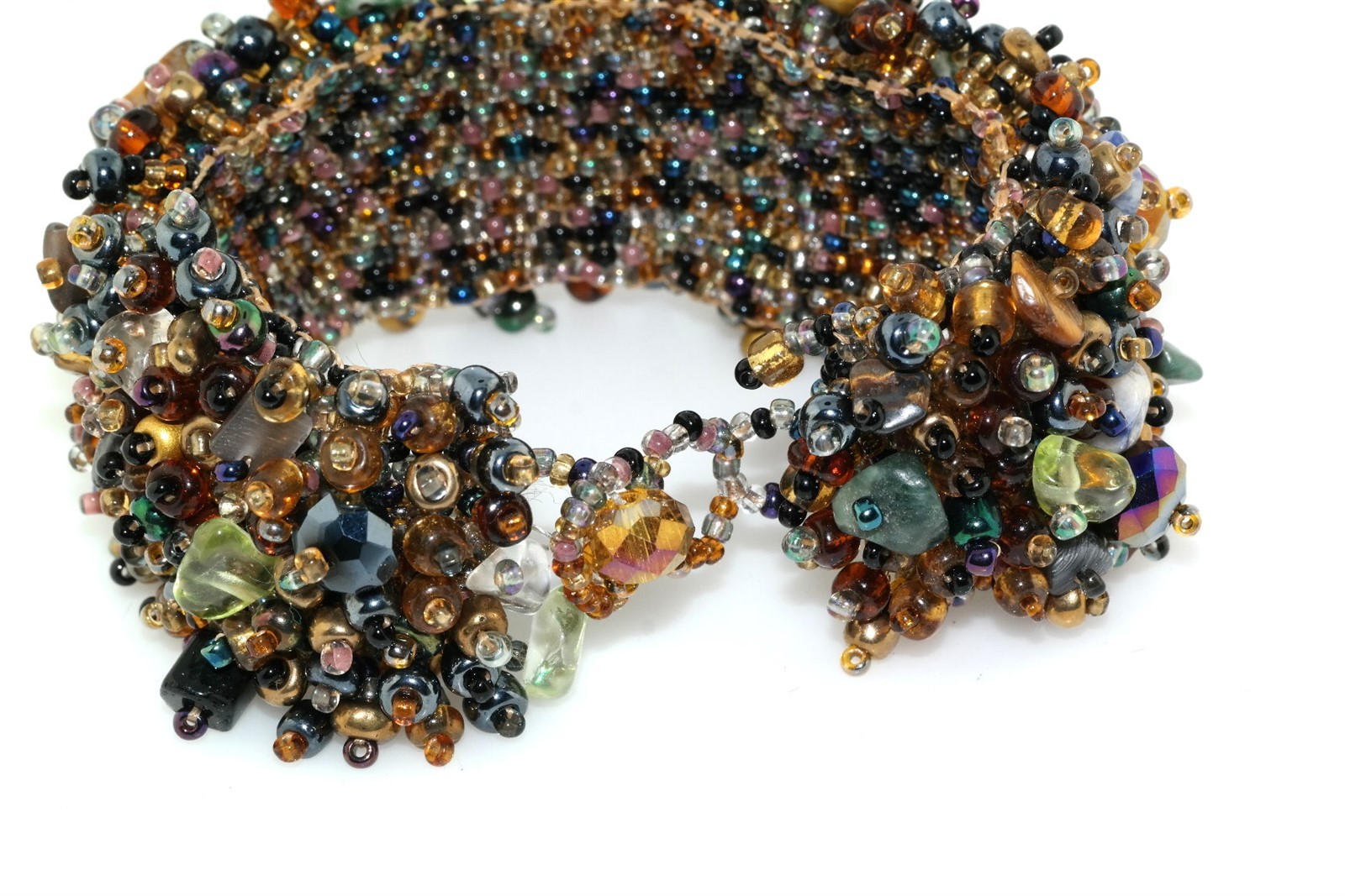 Woven Micro Bead Chunk Stone Faceted Crystal Mesh Bracelet Earth Tones