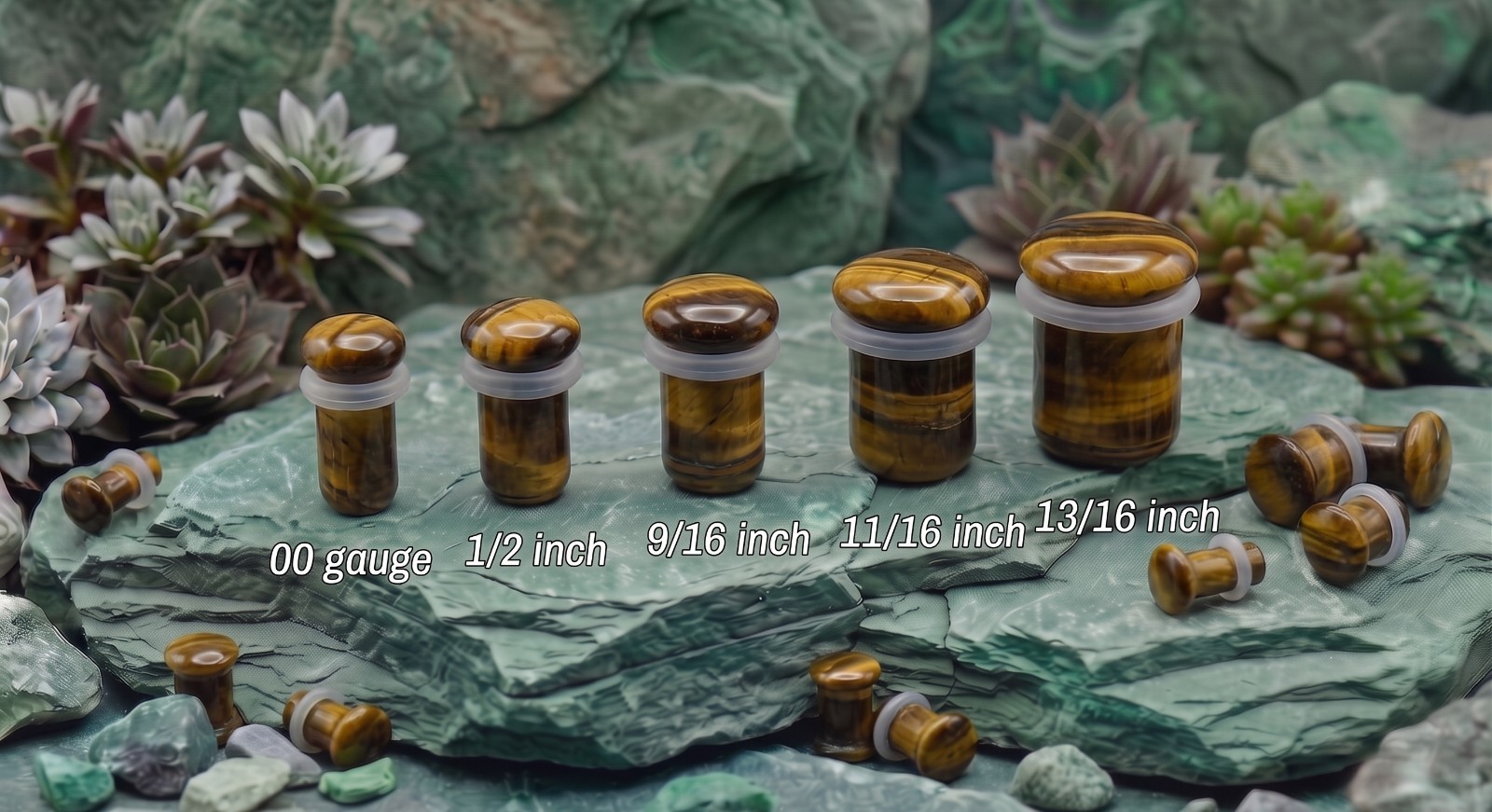 Pair Single Flare Tiger Eye Stone Plugs gauges organic Size 8ga to 5/8 Inch E554