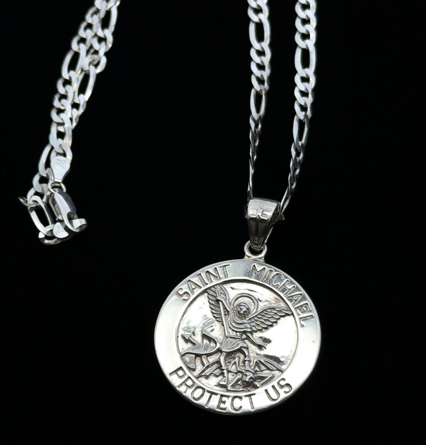 Peter Stone Saint Michael Sterling Silver Pendant On 20” Figaro Necklace, 21.5g