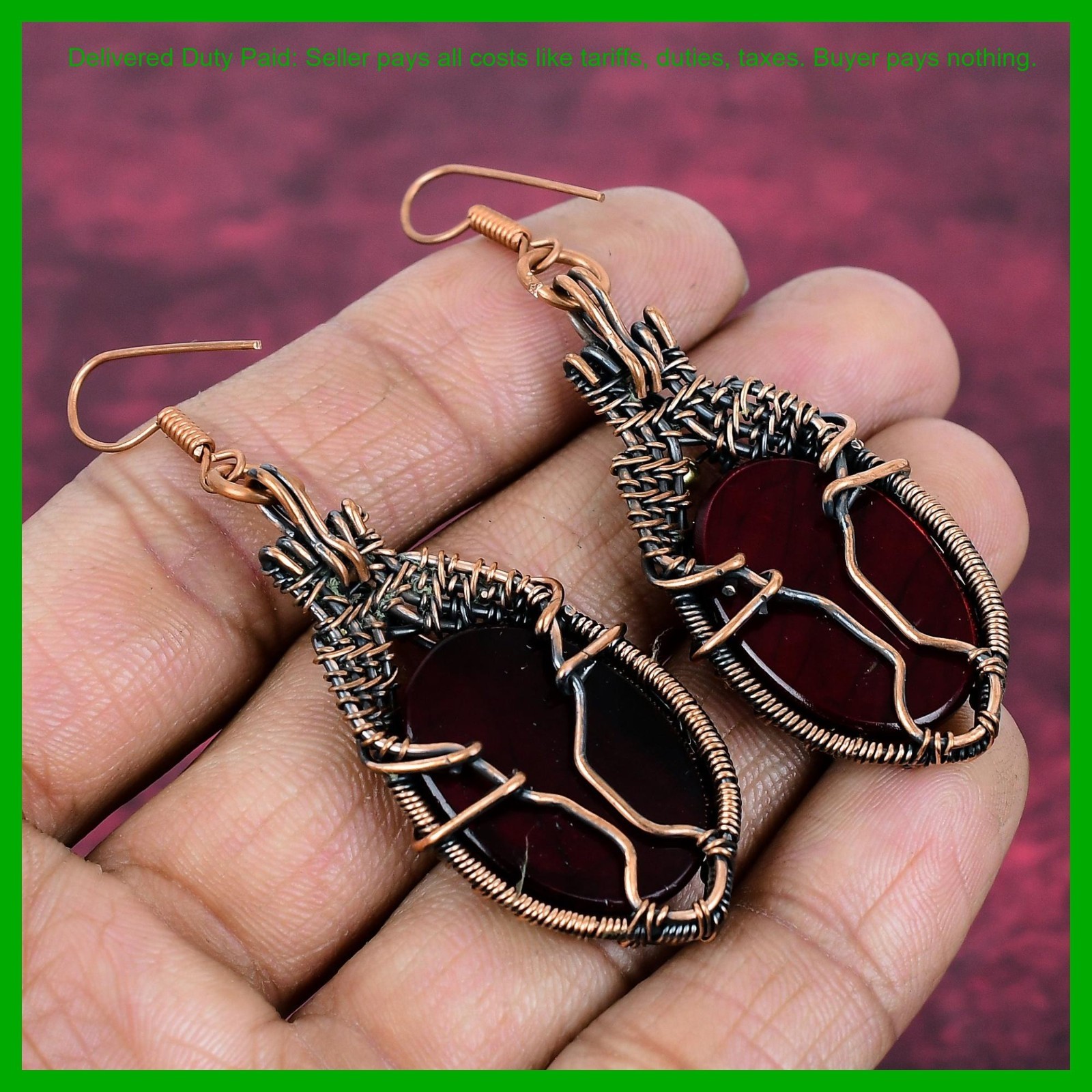 Red Fire Labradorite Gemstone Copper Dangle Drop Wire Wrapped Earrings Jewelry