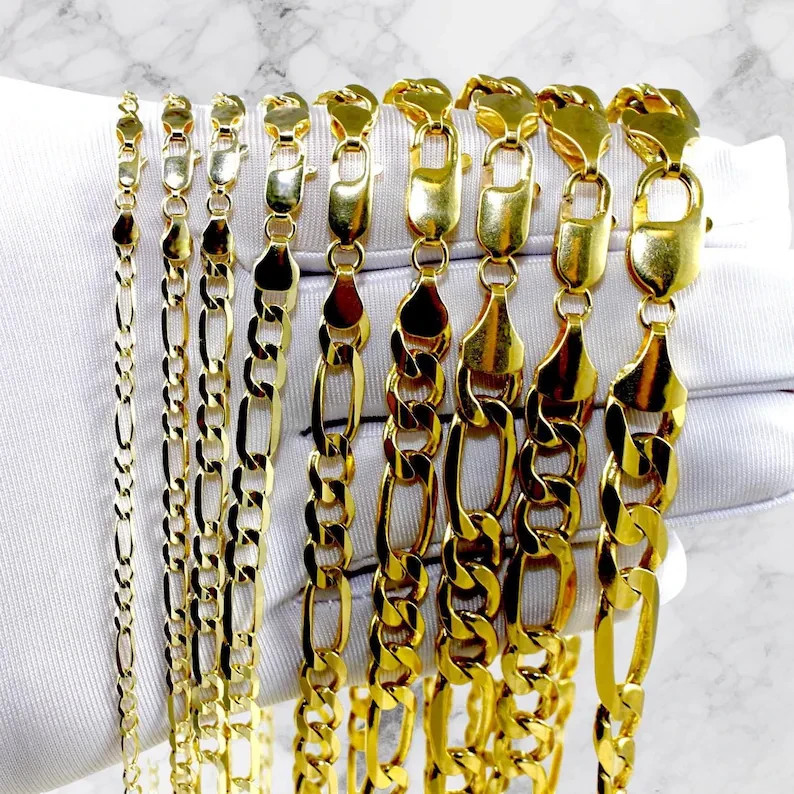 10K Yellow Gold Hollow Figaro Chain Real Gold Necklace Unisex 2mm-6.5mm