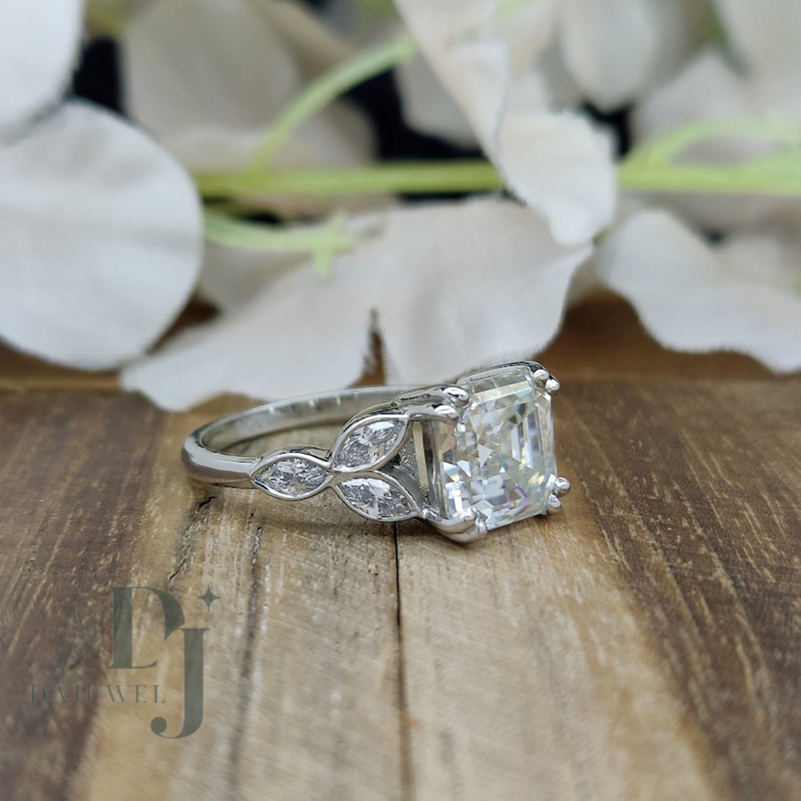 Moissanite Fancy Engagement Ring Solid 14K White Gold 2.30 CT Asscher Cut F/VVS1