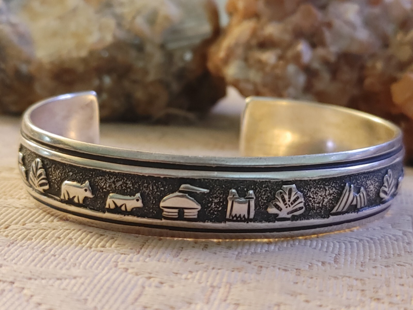 Tommy Singer Navajo, Sterling Silver Overlay Storyteller Cuff Bracelet