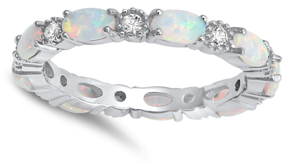 Clear CZ Oval White Lab Opal Ring Sterling Silver Stackable Love Band Sizes 4-10