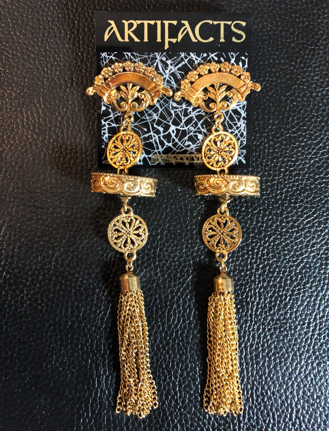 Vintage JJ Jonette Gold Earrings Fan Filigree Tassel Statement Artifacts 5″ 8429