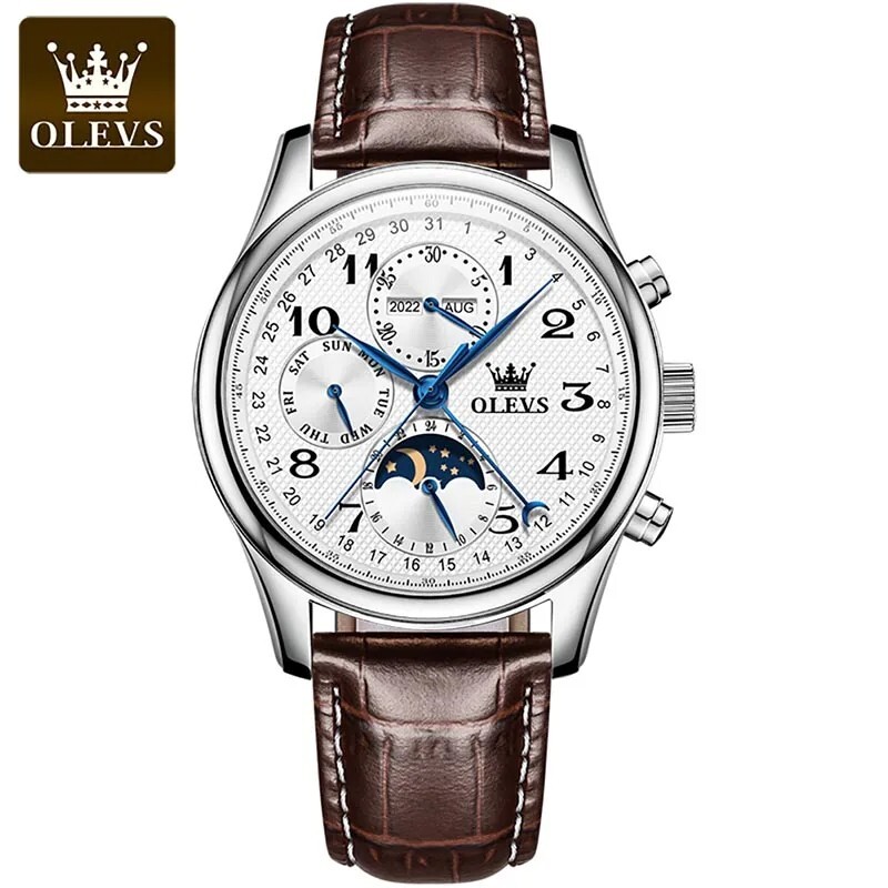 OLEVS Automatic Mechanical Watch Men’s Moon Phase Waterproof Leather Men Strap