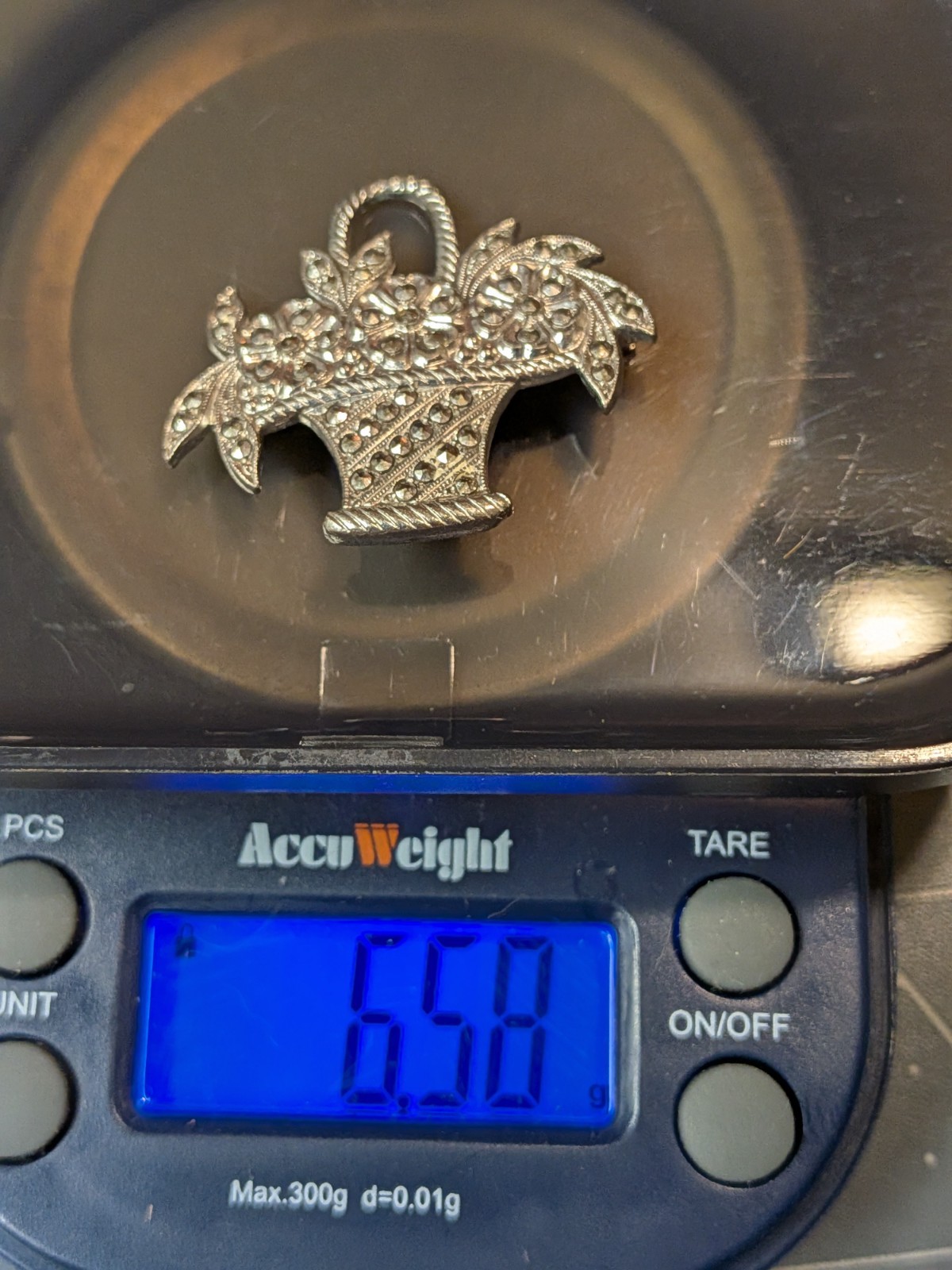 Vintage Sterling Silver Marcasite Flower Basket Brooch Pin 6.58g