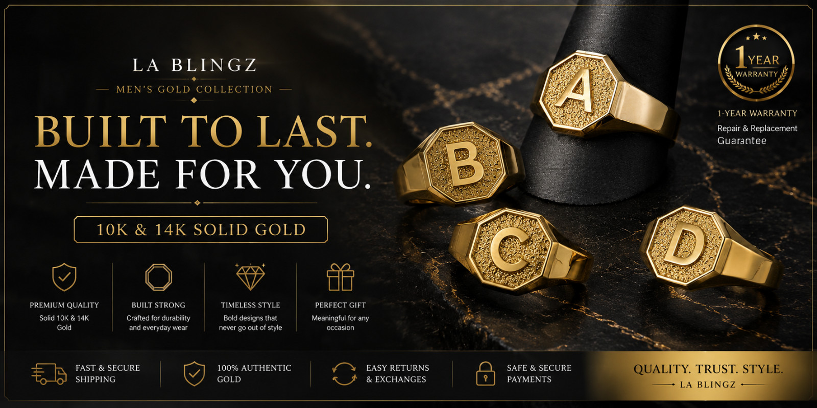 Men’s 10K Yellow Gold Letter Initial Octagon Signet Ring Personalized A–Z