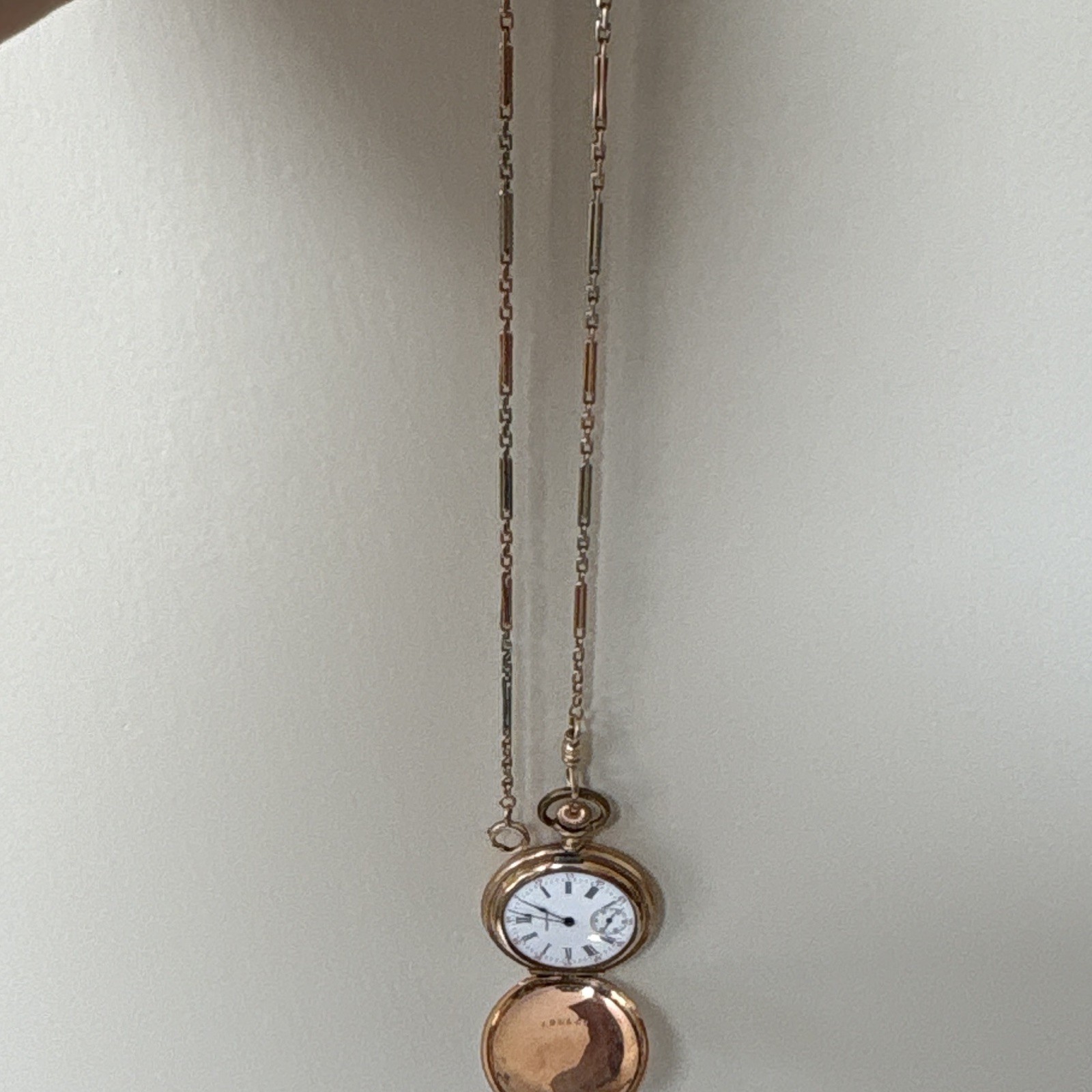 14K Gold Chain with Antique Waltham Pocket Watch 20 Years Gold Tone Case Repair