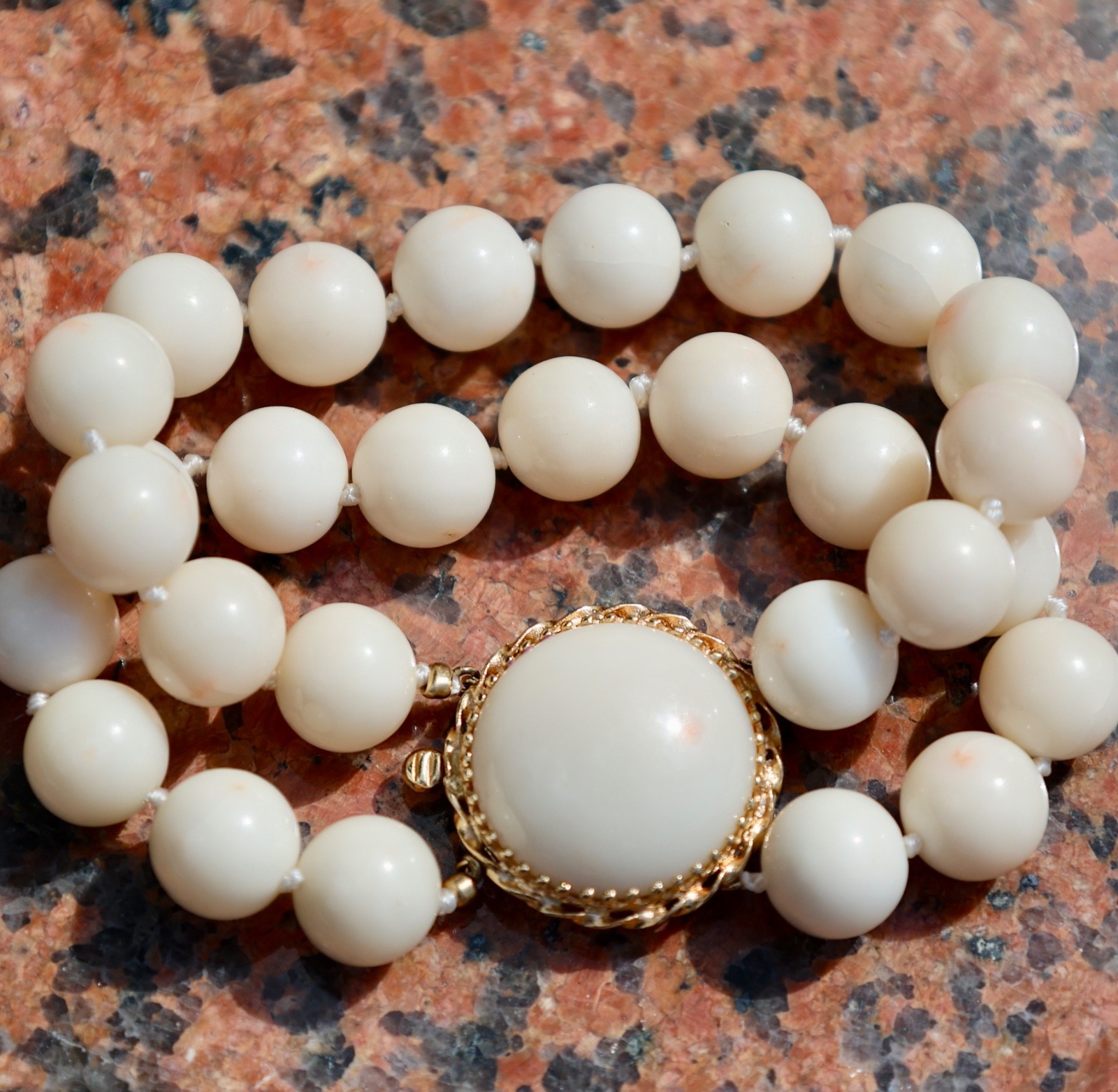 SOLID YELLOW GOLD CLASP ANELD SKIN CORAL 10.2MM BEAD 2-STRAND HONORA BRACELET