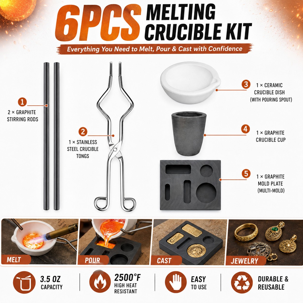6Pack Graphite Ingot Crucible Mold Torch Melting Kit Gold Silver Copper Jewelry