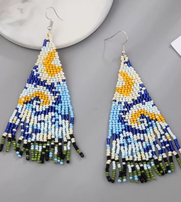 Women’s ethnic retro handmade Bohemian landscape starry sky Seed beads earrings