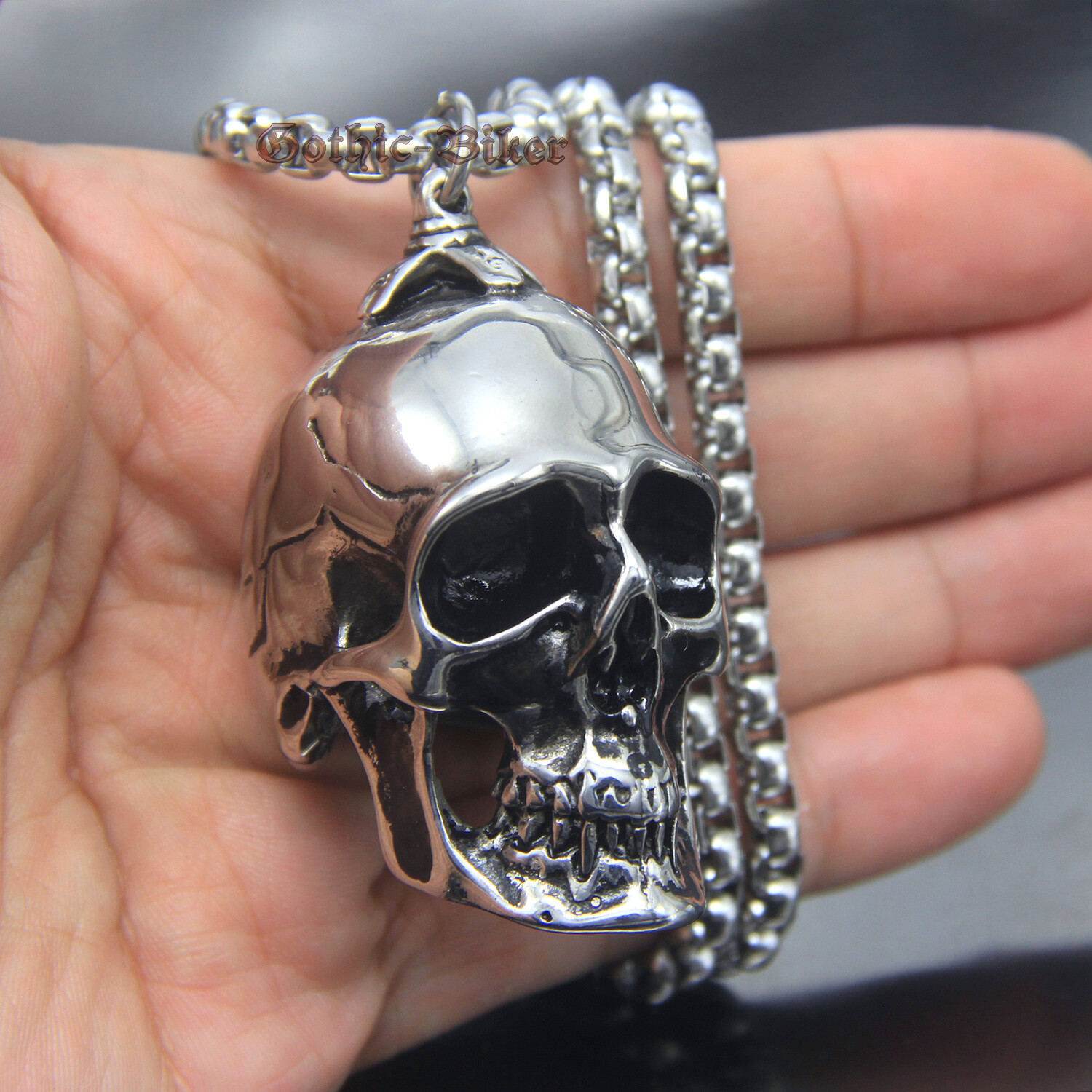 Mens Large Heavy Retro 316L Stainless Steel Skull Pendant Necklace Silver Tone