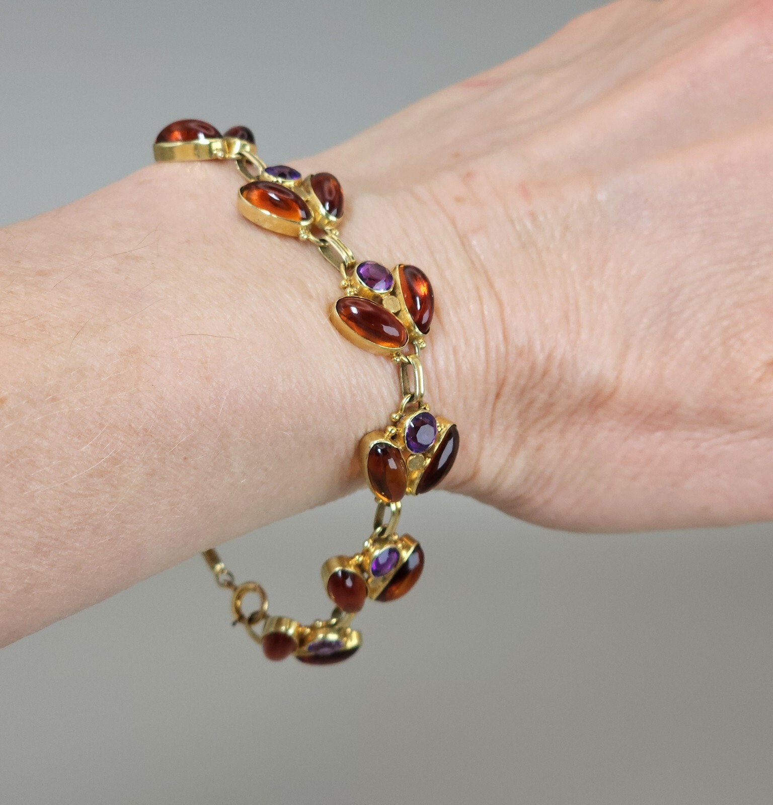 Antique 14k Yellow Gold Natural Amethyst & Amber Handmade Bracelet Leaf 7″ 15g