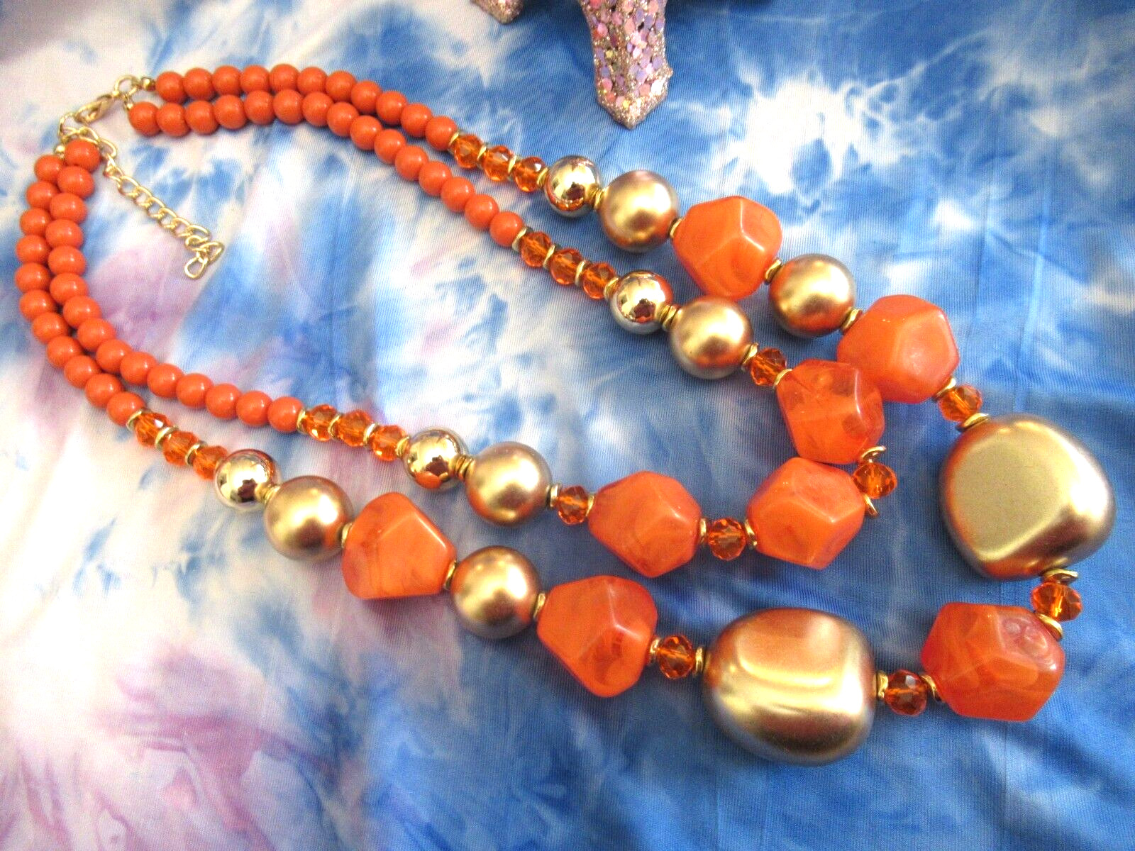 Orange Lucite Beads Necklace Double Strand Gold Orange Acrylic Beads Necklace