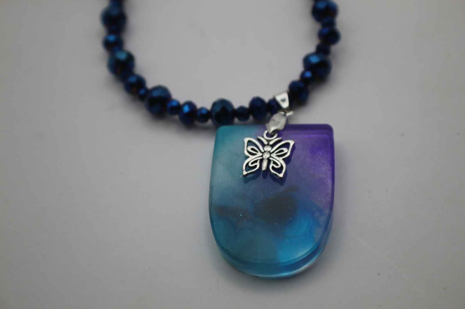 Beautiful Butterfly And Resin Pendant With Matching Beaded Earrings