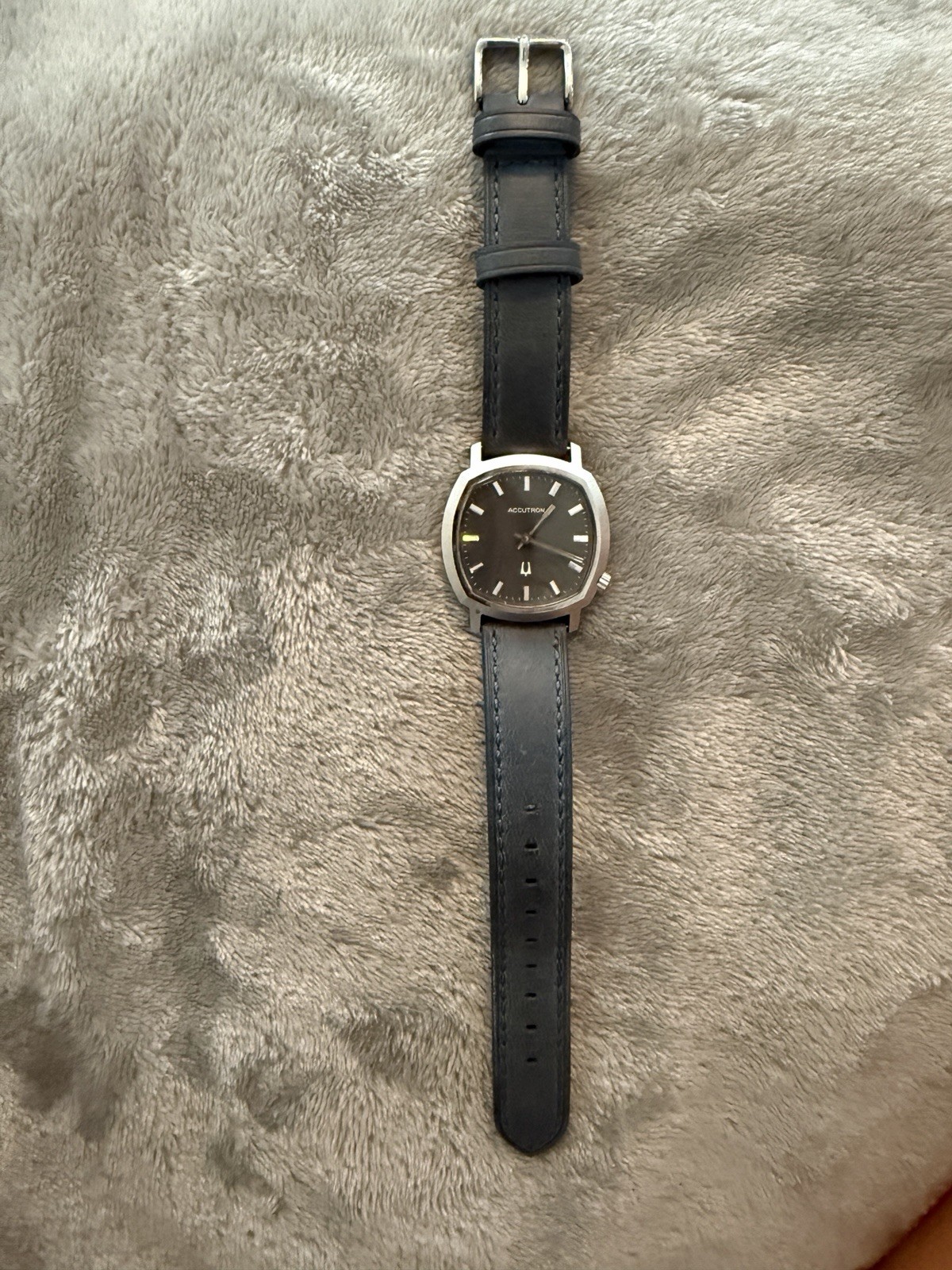 Bulova Accutron Black Dial Tonneau Quartz Stainless Case Black Leather Strap