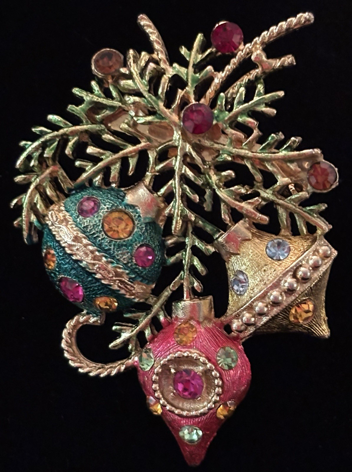 Vintage Christmas Ornament Brooch Rhinestone Enamel Holiday Tree Branch Pin 2”