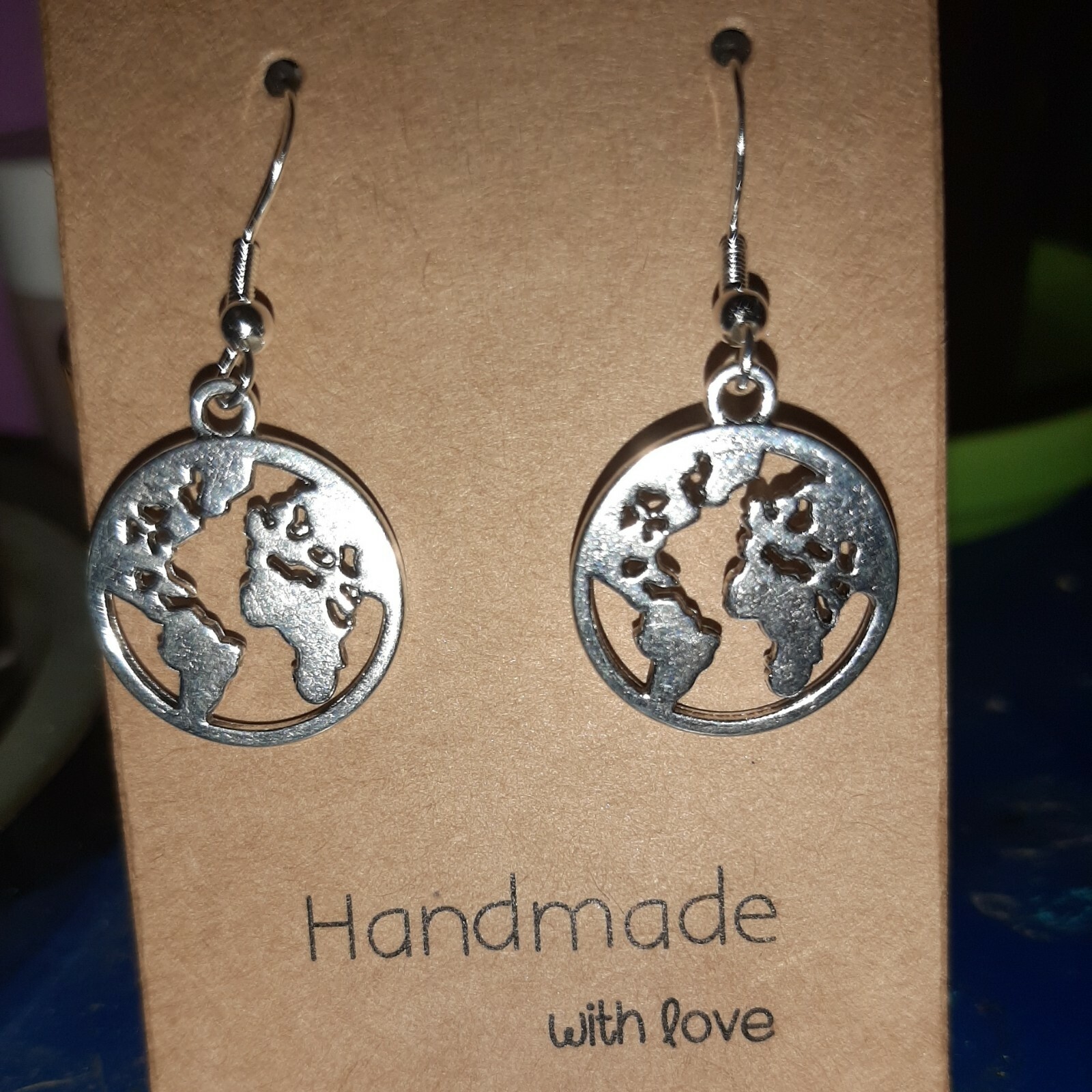 Handcrafted Silver Colored World Map With .925 Silver French Hooks