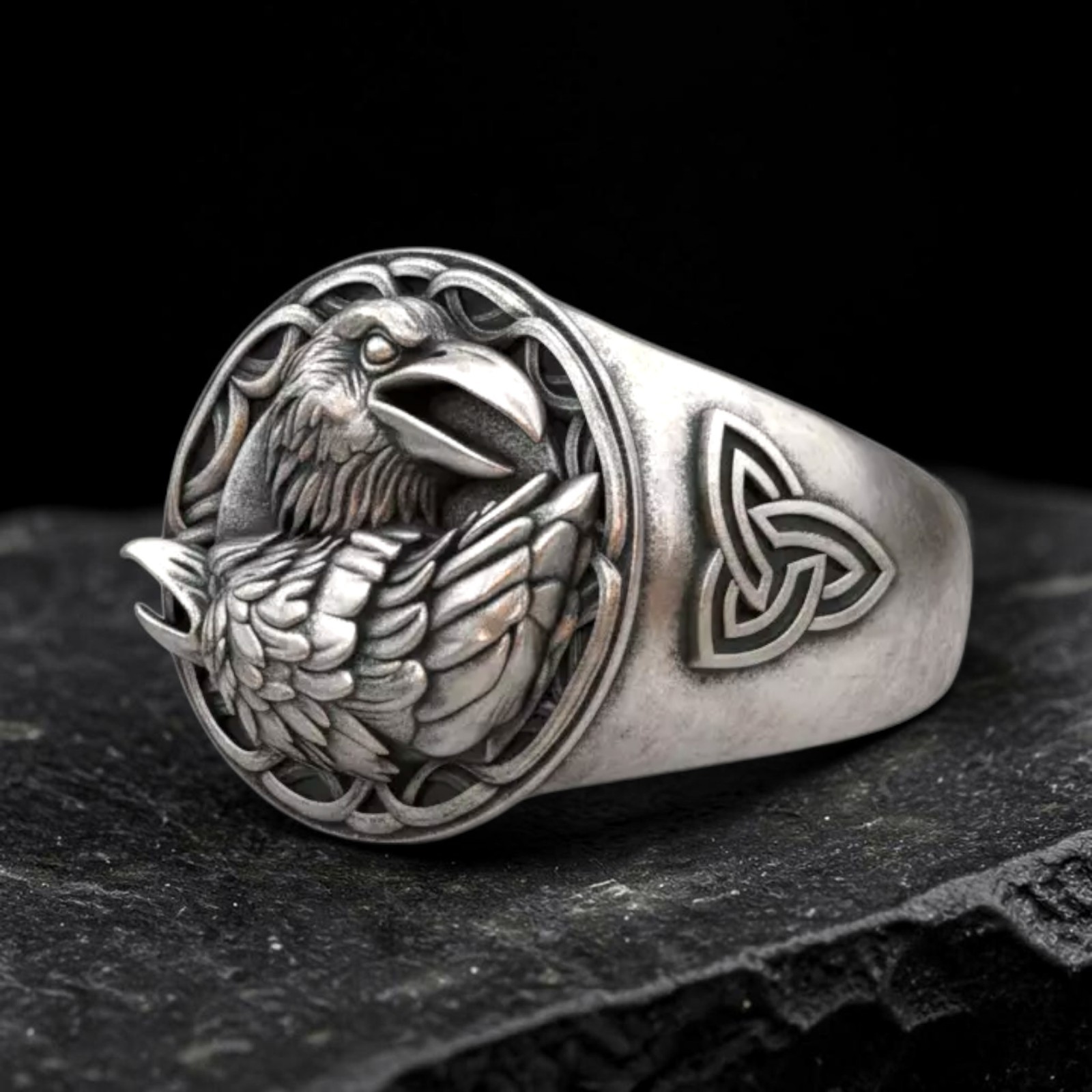 Sterling Silver Viking Raven Ring, Odin Huginn Muninn Norse Signet, Celtic Knot