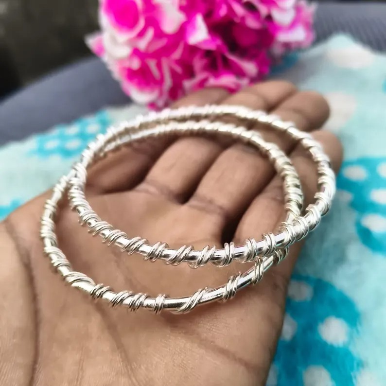 Handmade Wire Wrap Bangles Set Of 2 925 Sterling Silver Bangle, All Size SR781