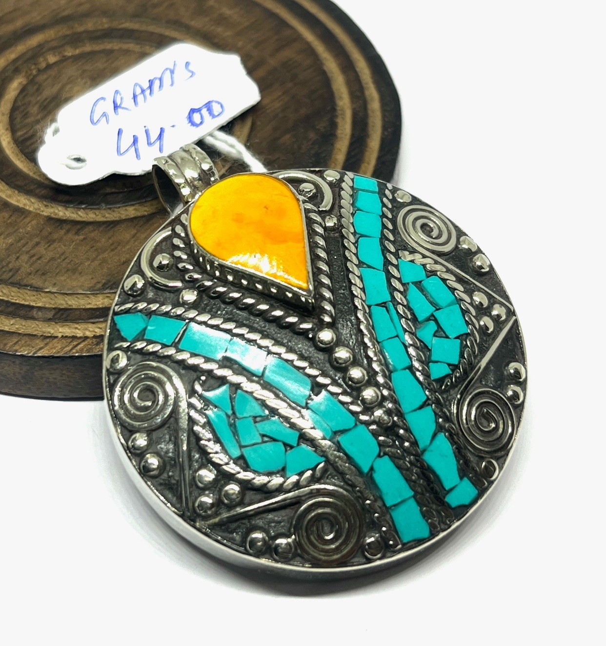 Amber Turquoise Gemstone Tibetan Style Traditional Pendant Jewelry, 2.0 inc
