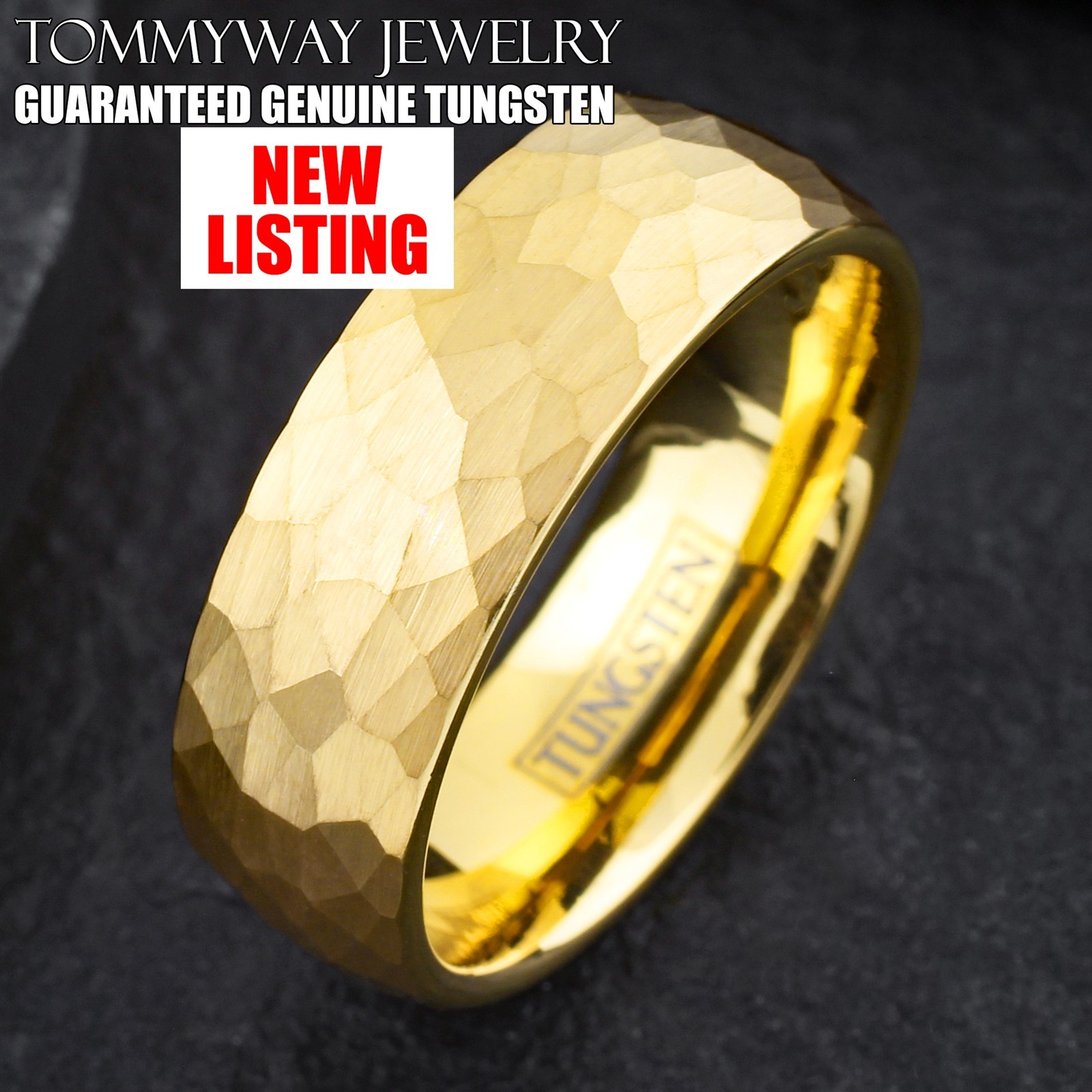 6/8mm Tungsten Carbide Men’s Gold Plated Hammered Domed Wedding Band Ring