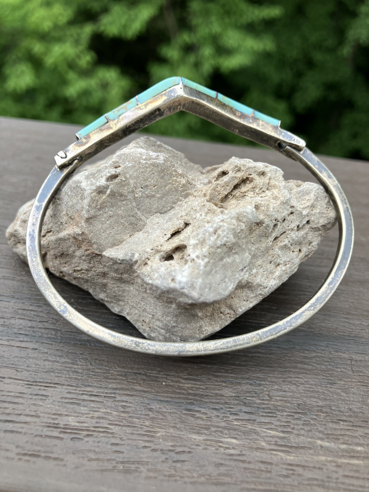 Vintage Mexico 925 Sterling Silver Turquoise Inlay 7 3/4” Hinged Bangle Bracelet