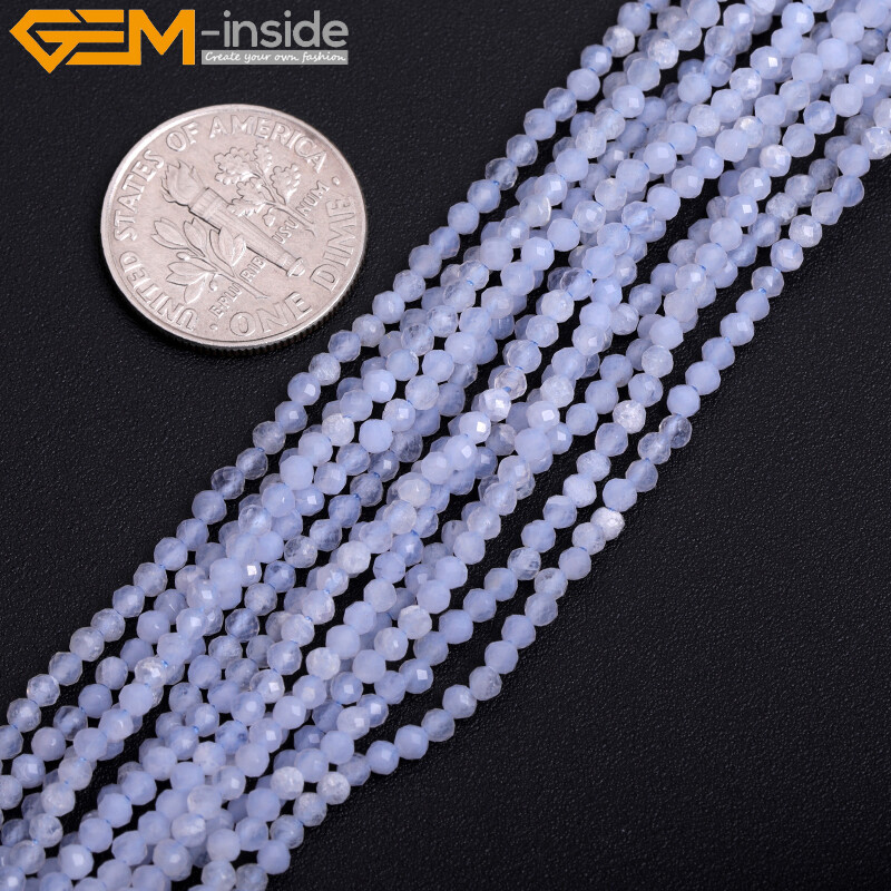 Faceted Natural Blue Chalcedony Stone Spacer Bead Jewelry Making 15″ 2mm 3mm 4mm