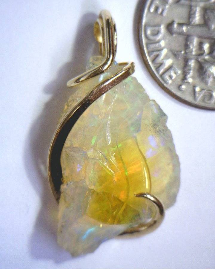 11.41ct Natural African Crystal Opal in 14kt Gold Forged Wire Wrap Art Pendant