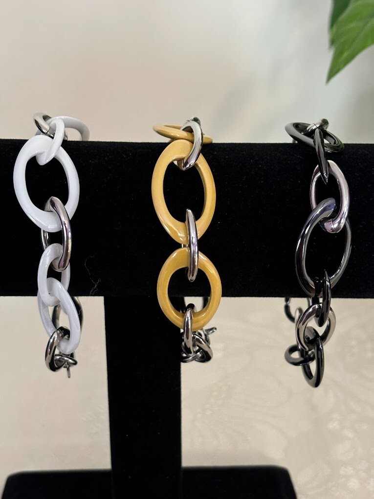 Beautiful 3 in Silver Tone Bracelets (8.5″) – Black, Yellow, White