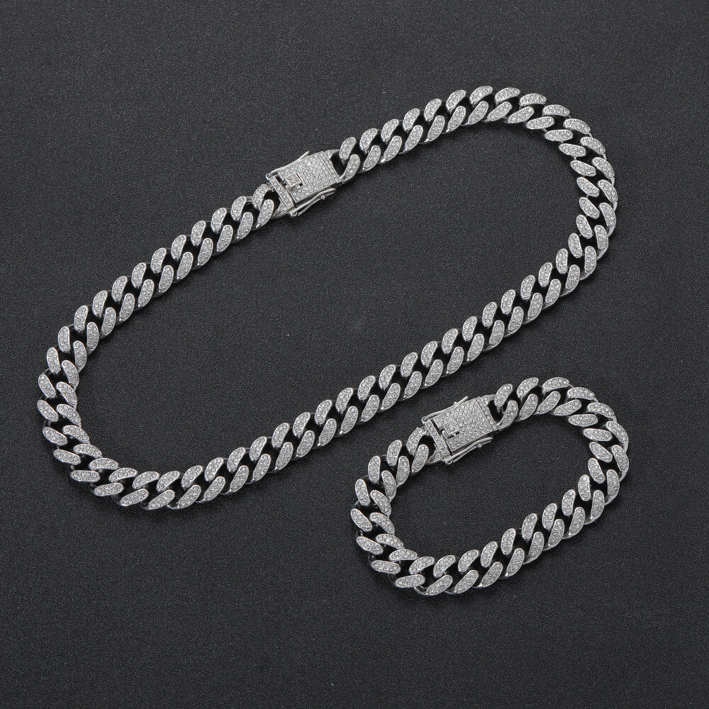 Hip Hop Iced CZ Out Cuban Chain Set Gold Plated Cuban Link Chain Necklace 12MM