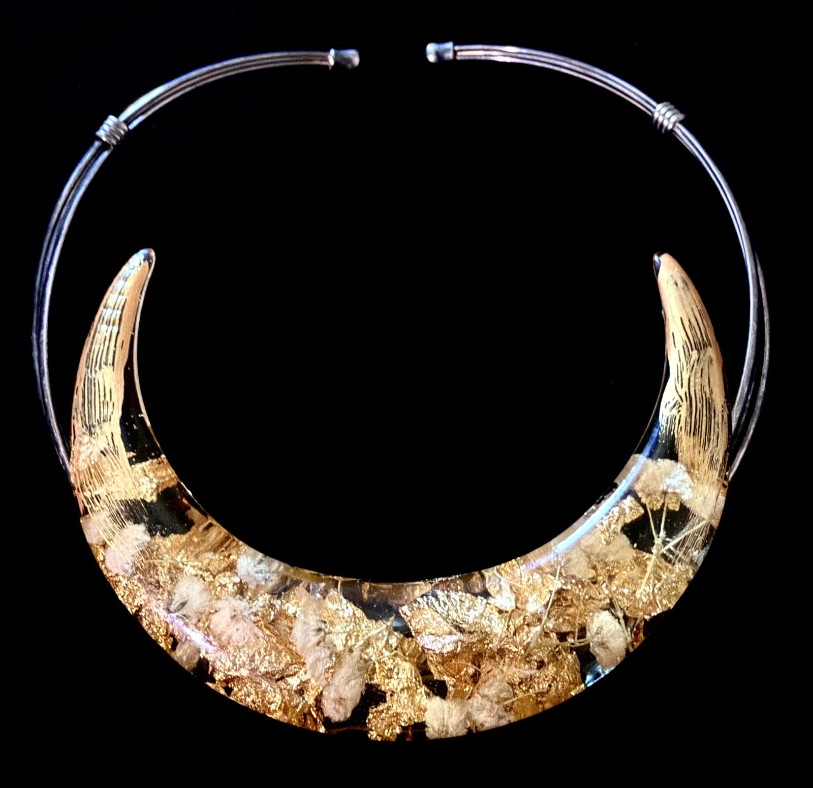 One of a Kind Handmade Wire Torque Necklace Resin Gold Leaf Festival Boho OOAK