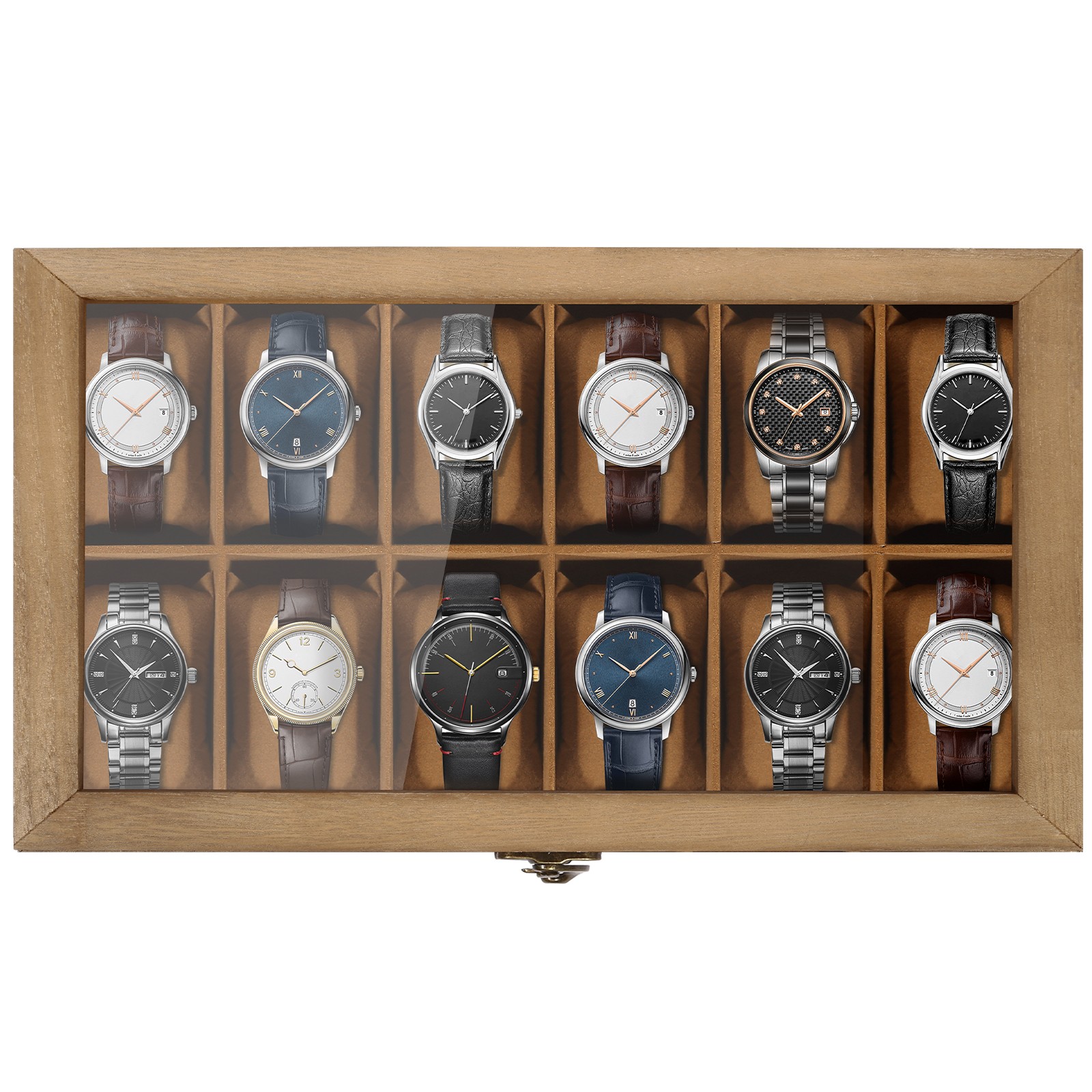 12 Slot Solid Wood Watch Box Clear Glass Top, Men’s Jewelry Display Storage Case